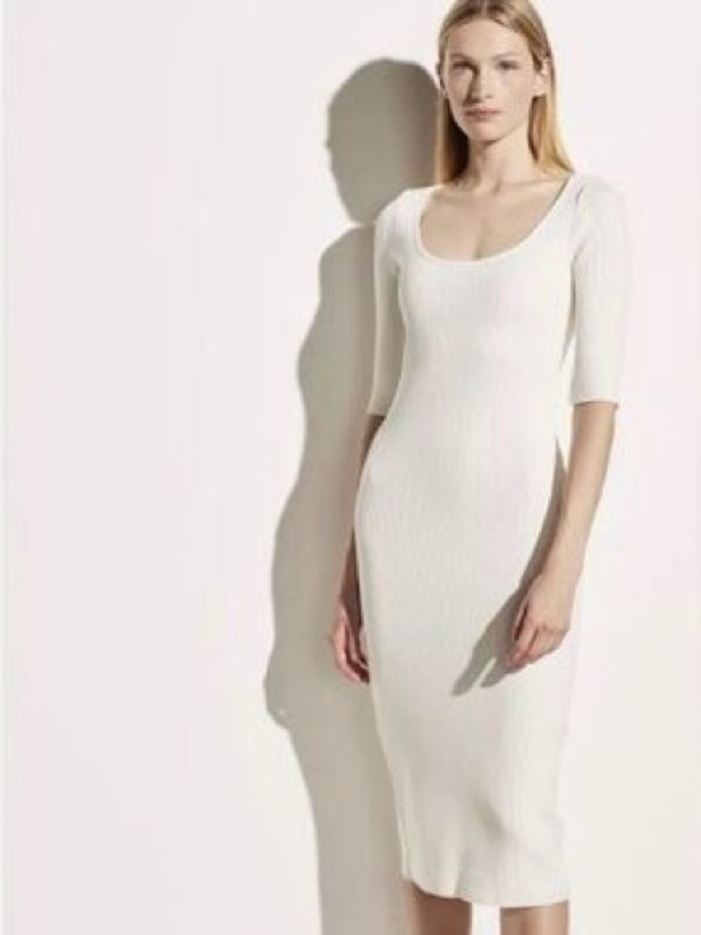 Vince Ribbed Knit Scoop Neck Midi Dress Cream Womens Size S